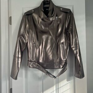INC International Concepts Faux Leather Moto Jacket metallic pewter/bronze color